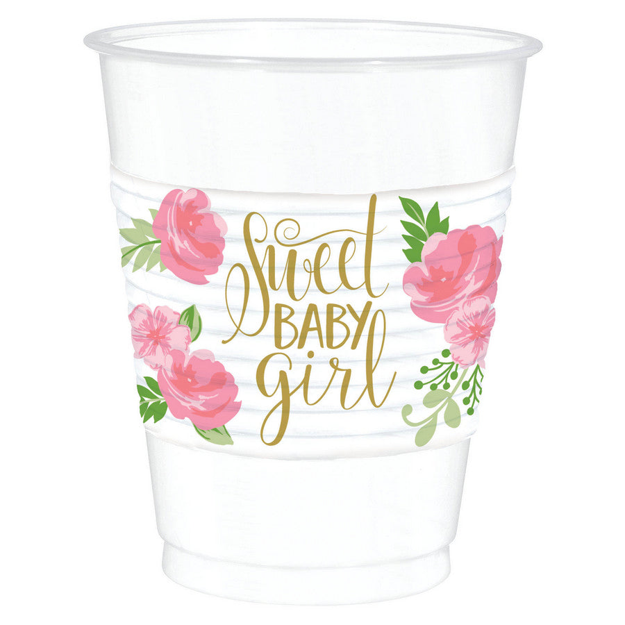 Elegant Floral White Plastic Cups (16 Oz) - Pack of 25