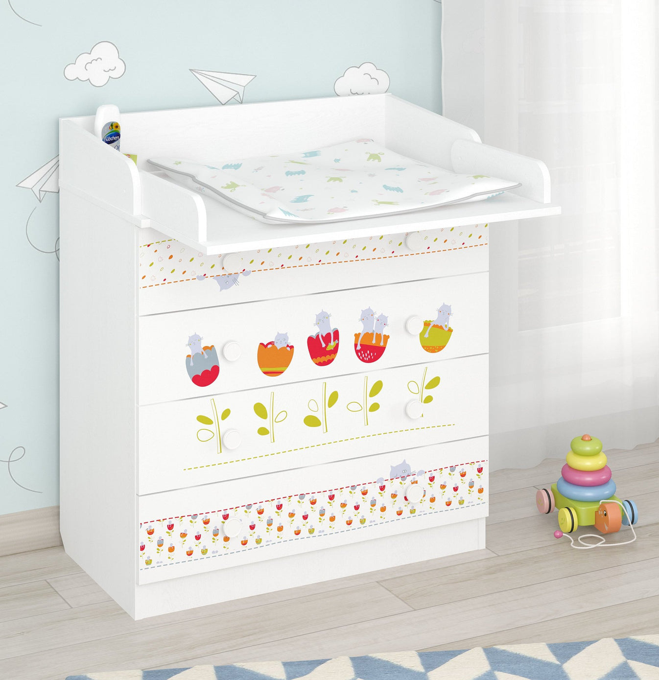 Shefa 800 Kids Changing Dresser Sleepy Kittens White (2 Boxes)
