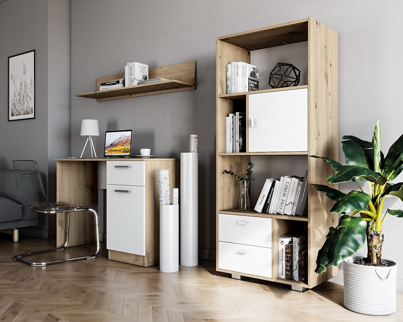 Shefa Line Bookcase Kurt White - Artizan Oak (2 boxes)