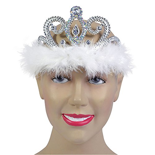 Bristol Novelty - Tiara Silver. Clear Stone + White Marabou