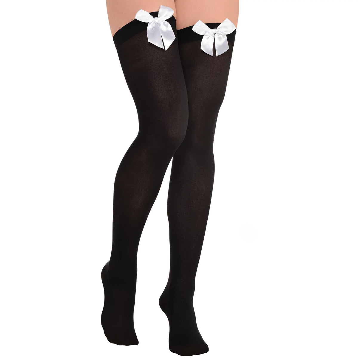 Black Satin White Bow Thigh Highs