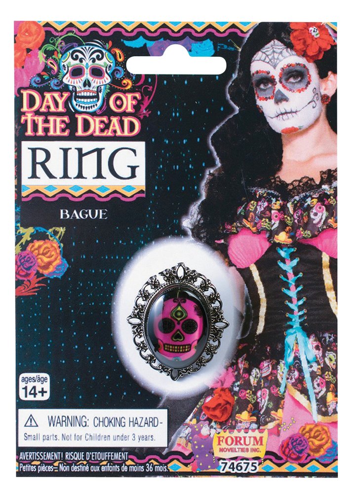 Bristol Novelty Day of the Dead Ring | Silver, Black, Pink | Pack of 1, One Size