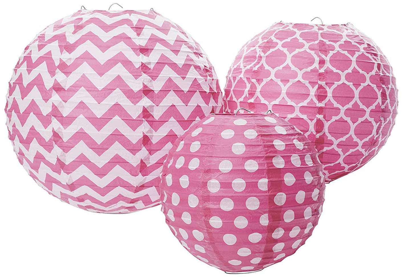 Amscan Bright Pink Dots & Chevron Round Lanterns 24cm /3