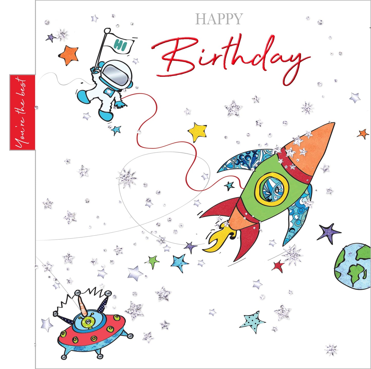 Into the Green Rocket Birthday Card with Glitter & envelope