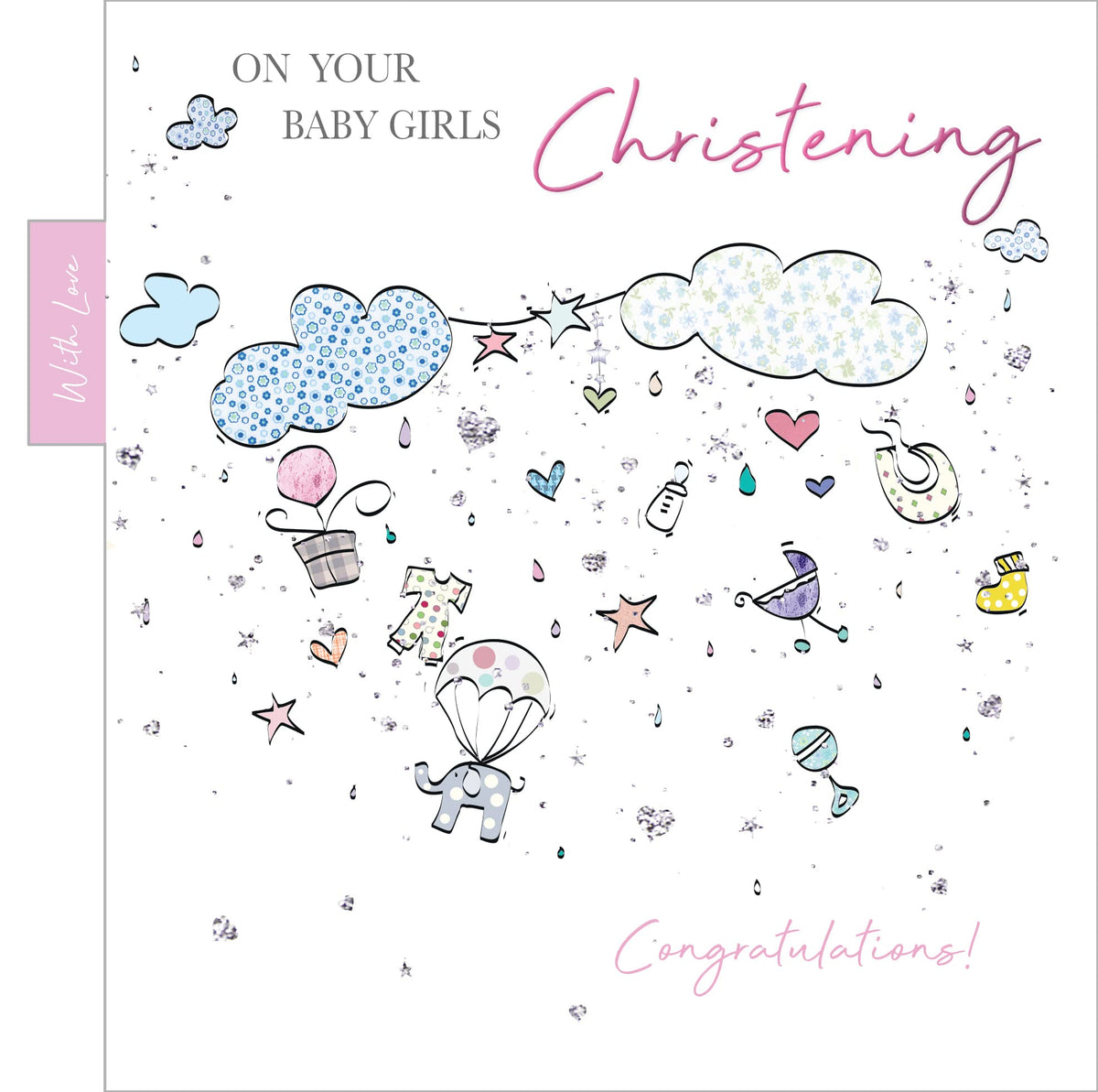 Into The Green , Clouds Christening Card with Glitter & envelope