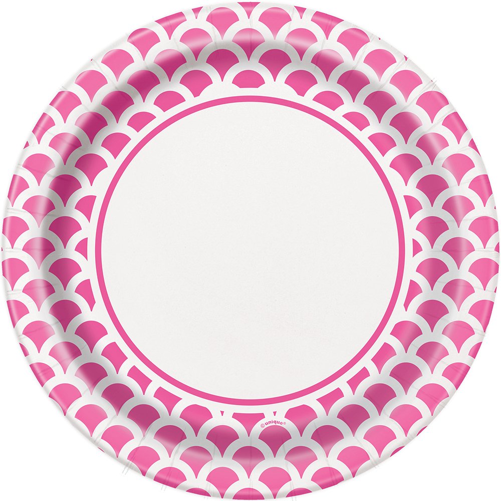 Unique Party - 23cm Hot Pink & White Scallop Print Party Plates, Pack of 8