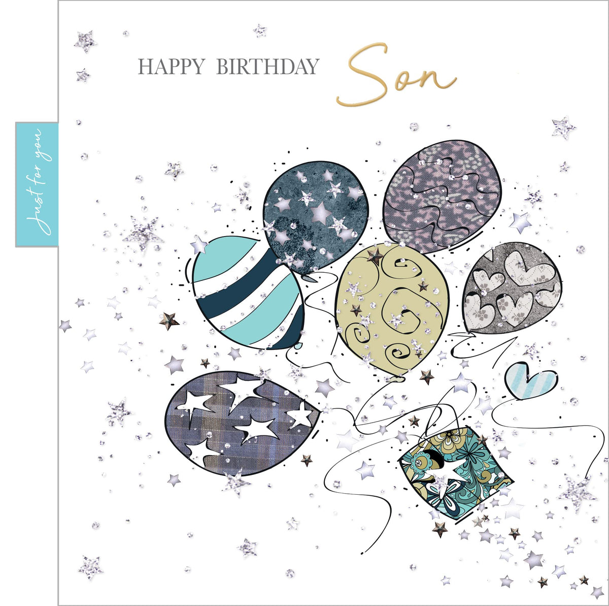 Into The Green Balloons Birthday Son Card with Glitter & envelope