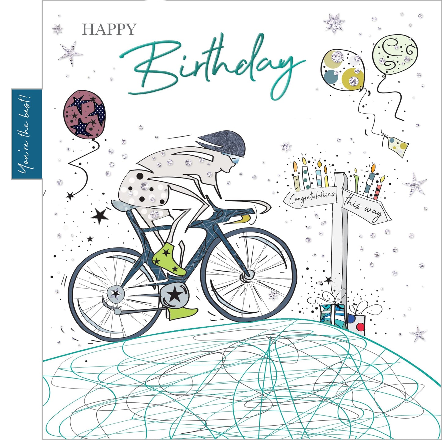Into The Green Cyclist Birthday Card with Glitter & envelope