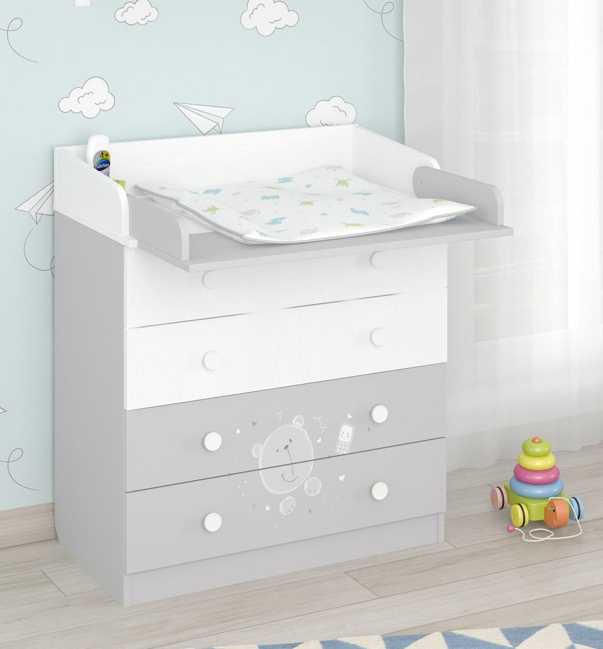Shefa 800 Kids Changing Dresser Teddy White-Grey (2 boxes)