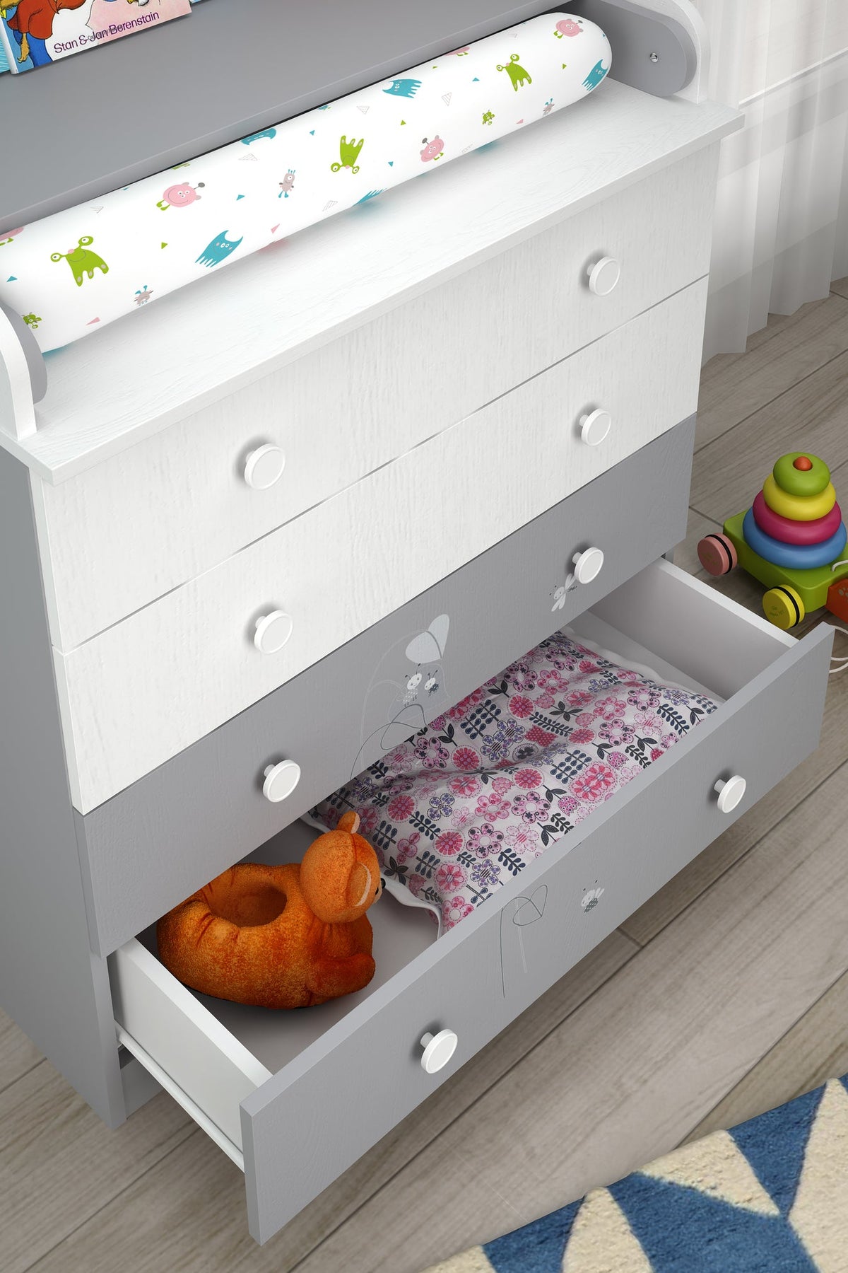 Shefa 800 Kids Changing Dresser Teddy White-Grey (2 boxes)