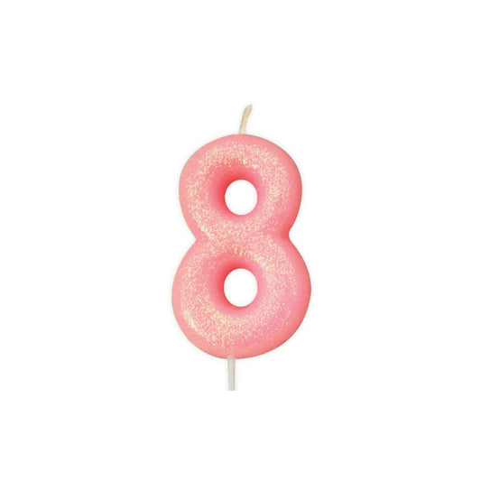 Age 8 Glitter Numeral Moulded Pick Candle Pink