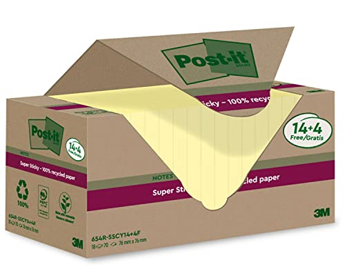 Post-it Super Sticky 100% Recycled Notes Assorted Colours 76 x 76 mm 70 Sheets Per Pad (Pack 18 ) 7100284782