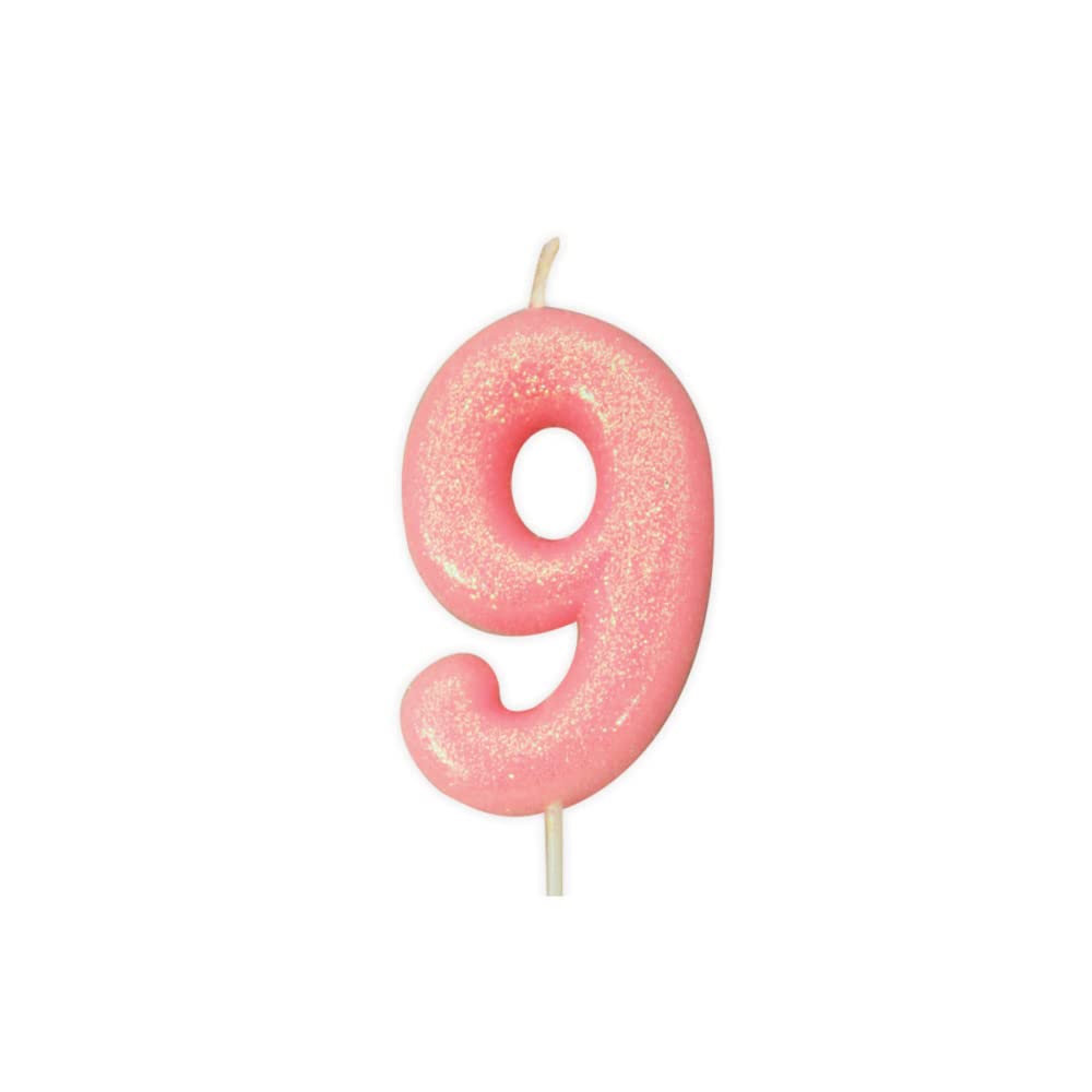 Age 9 Glitter Numeral Moulded Pick Candle Pink