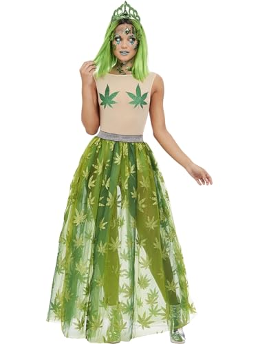 Cannabis Queen Costume, Green, Sheer Bodysuit, Skirt & Tiara, (L)