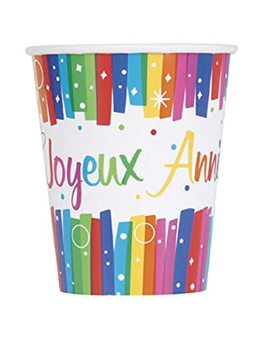 Unique Party 9oz Rainbow Ribbons Joyeux Anniversaire Paper Cups Pack of 8