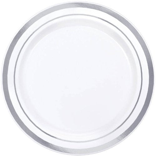 Premium White Plastic Plates Silver Trim 16cm /20