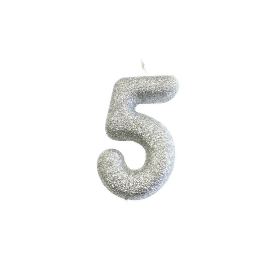 Age 5 Glitter Numeral Moulded Pick Candle Silver