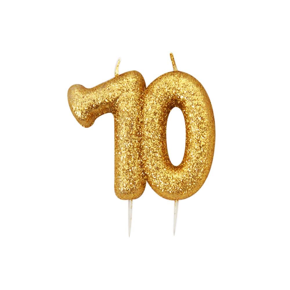 Age 70 Glitter Numeral Moulded Pick Candle Gold