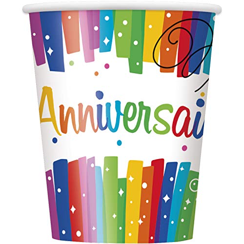 Unique Party 9oz Rainbow Ribbons Joyeux Anniversaire Paper Cups Pack of 8