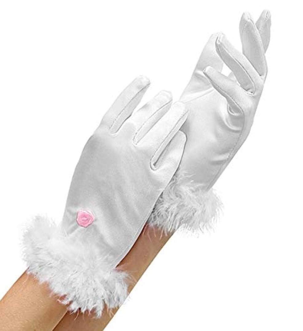 "WHITE SATIN GLOVES WITH MARABOU TRIM" child size -