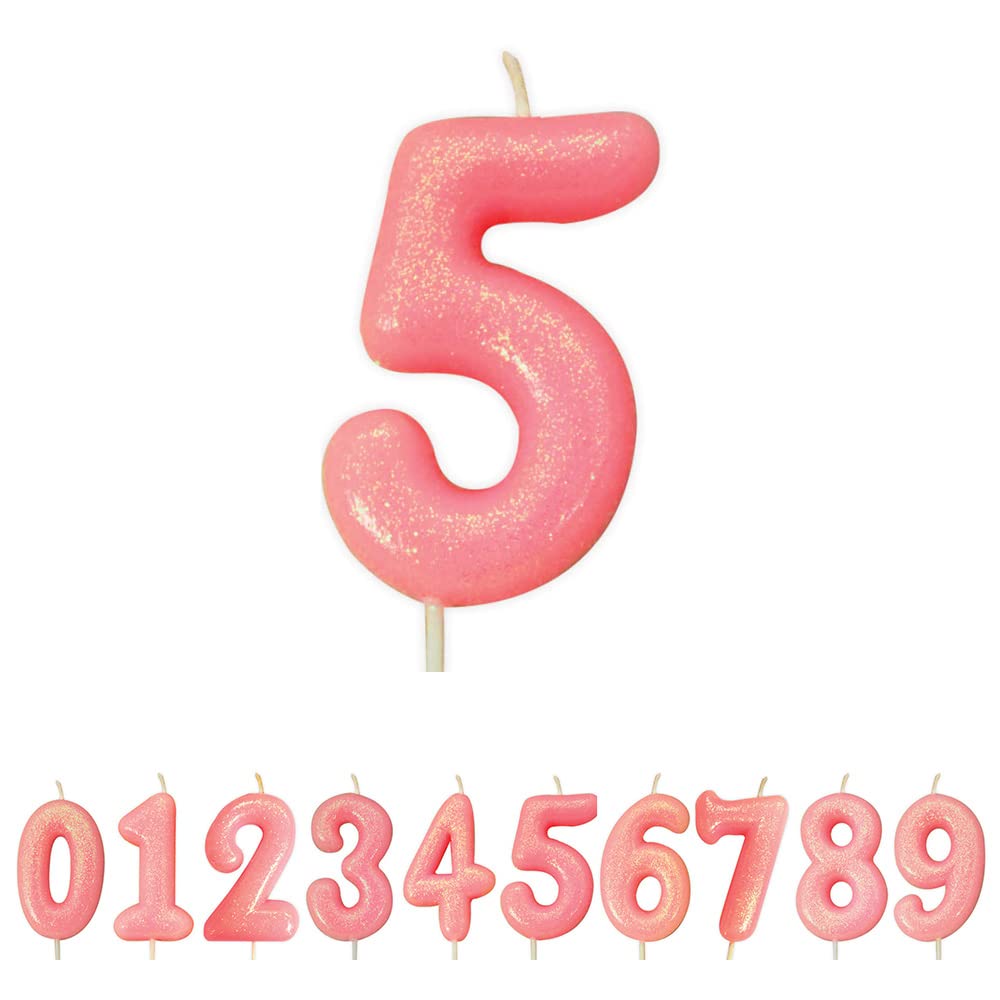 Age 5 Glitter Numeral Moulded Pick Candle Pink