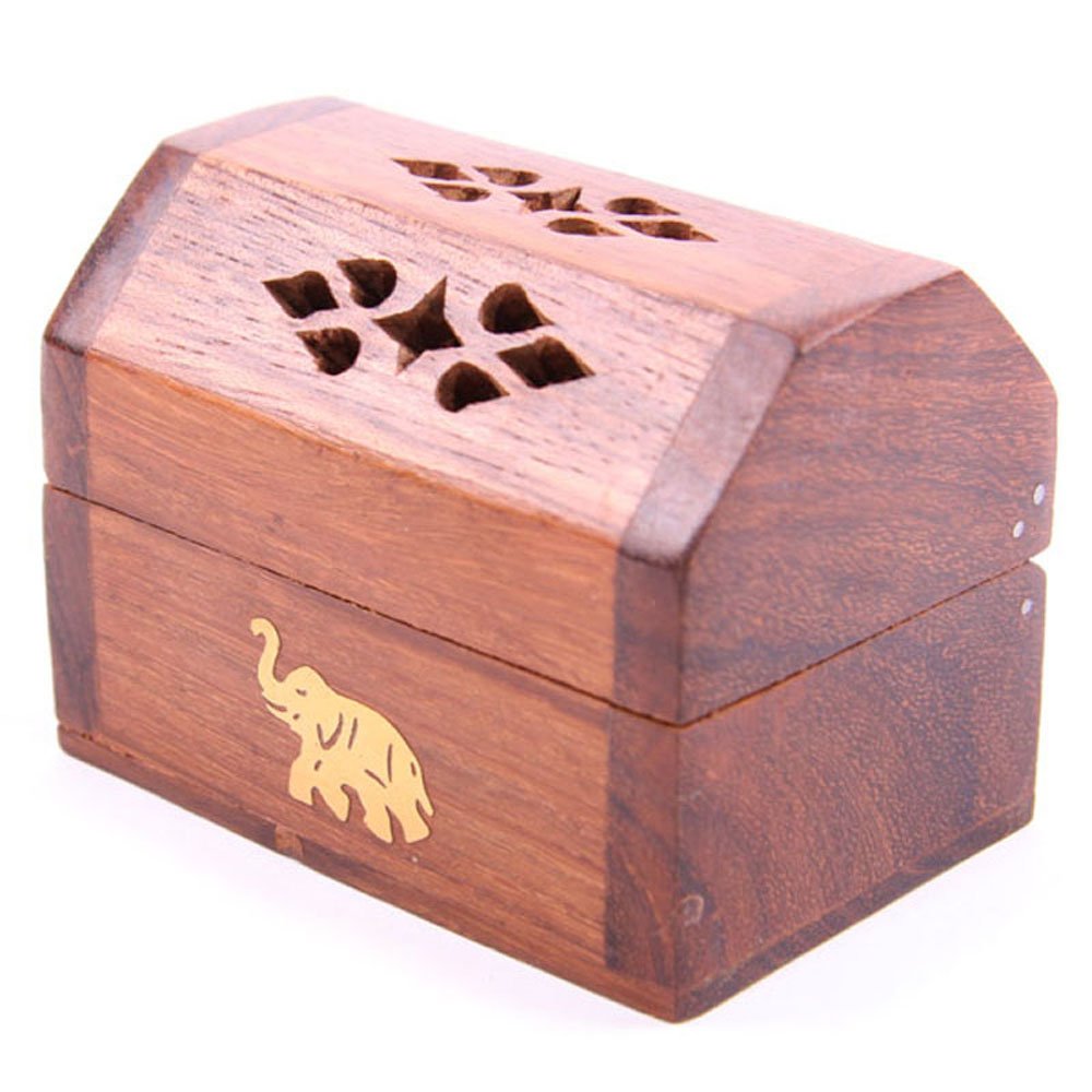 Sheesham Wood Incense Box with Brass Inlay, Vine Design