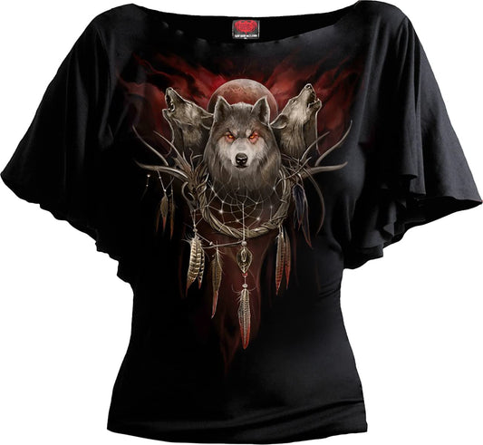 CRY OF THE WOLF - Boat Neck Bat Sleeve Top Black (Plain) - 4XL