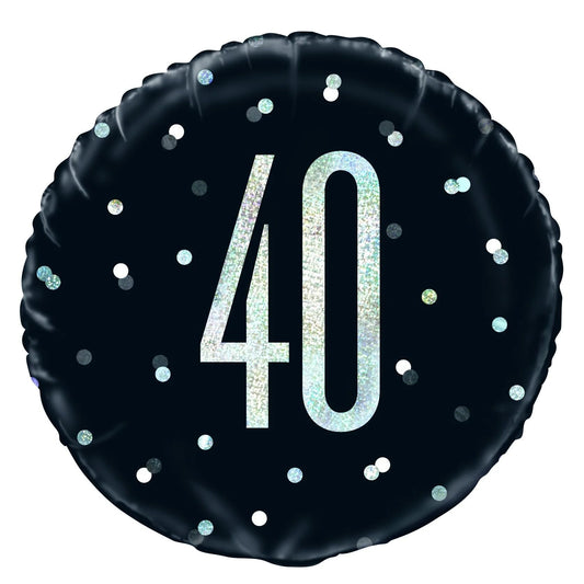 Unique Party 83346 18" Foil Glitz Black & Silver 40th Birthday Balloon, Black, Age 40