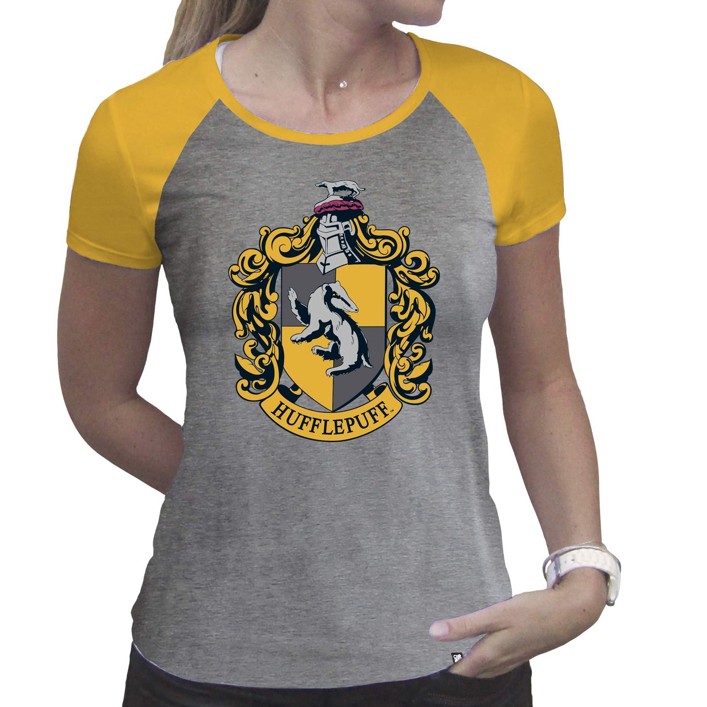 HARRY POTTER - Tshirt "Hufflepuff" woman SS grey & yellow - premium