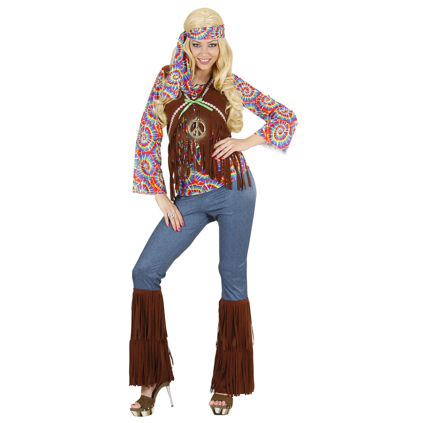 "PSYCHEDELIC HIPPIE WOMAN" (shirt with vest, pants, headband, necklace) - (L)