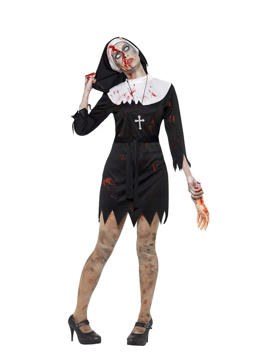 Zombie Sister Costume, Black, Dress, Headpiece, Belt & Cross Necklace, (PLUS X1)