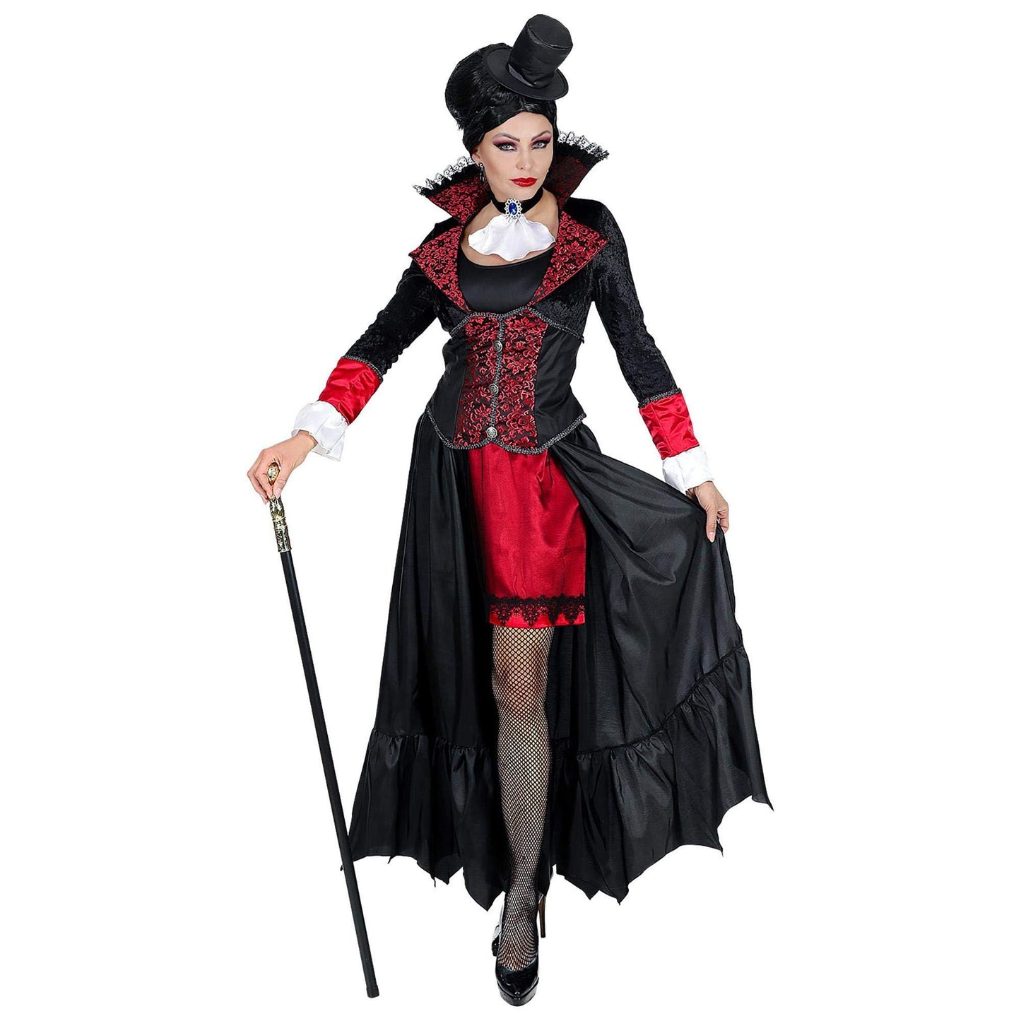 "VAMPIRESS" (dress with long coat, choker with jabot, mini top hat) - (XL)