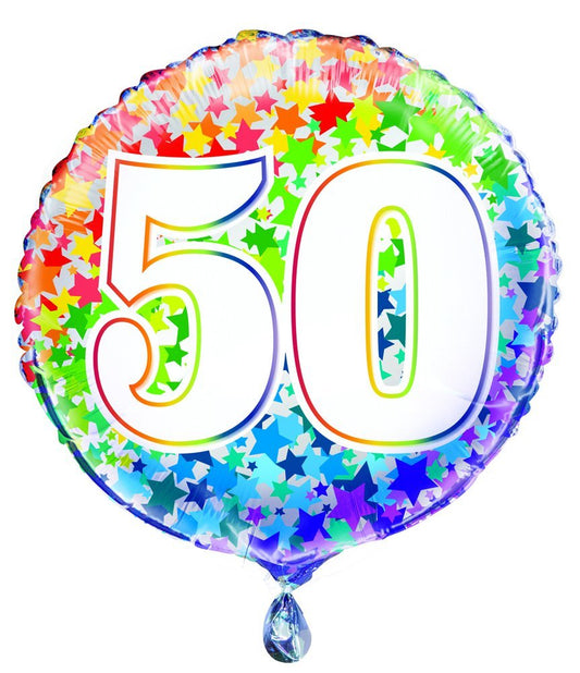 Rainbow Stars Number 50 Round Foil Balloon 18", Packaged