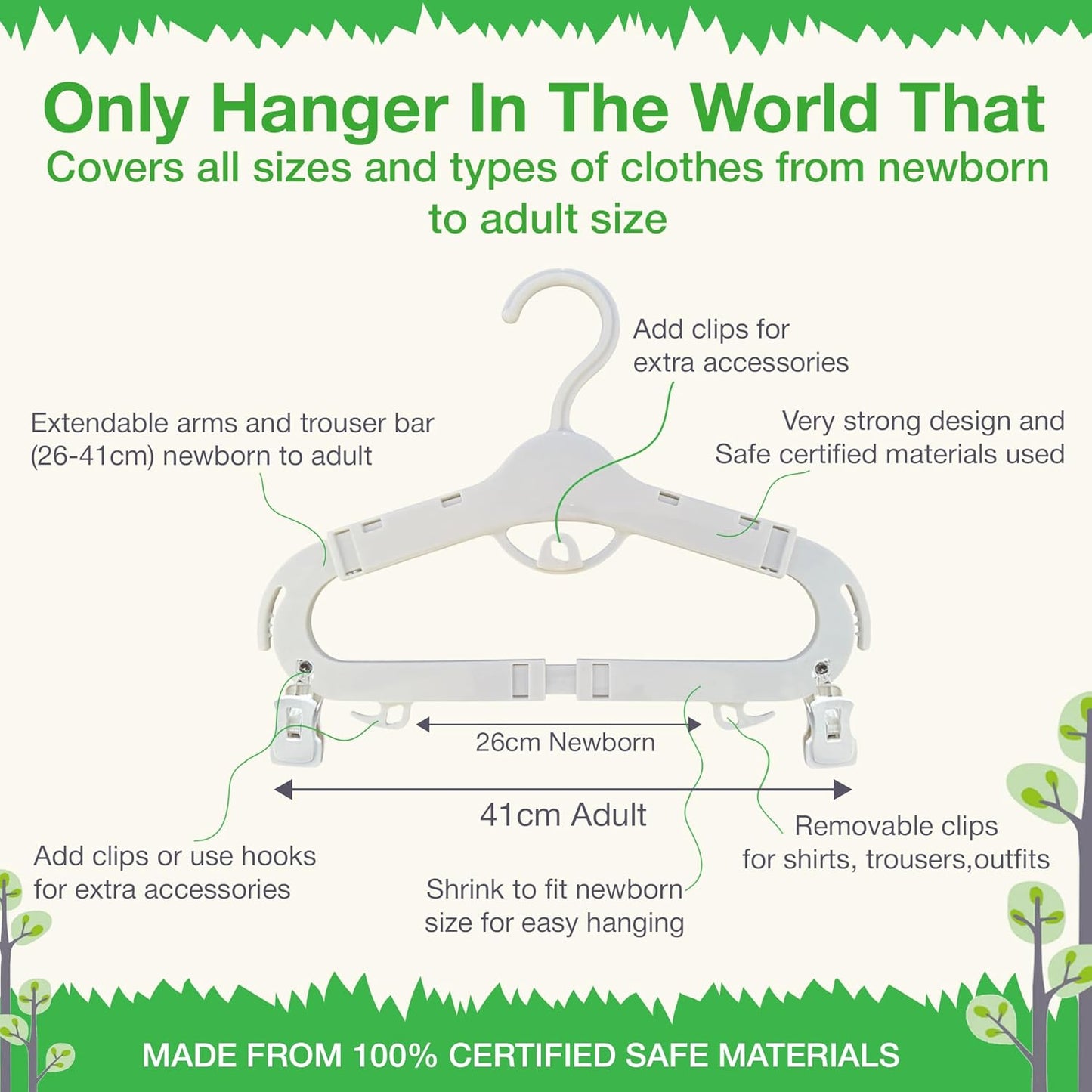 Grohanger 18 Extendable White Hangers Includes 6 Clips 26-41cm