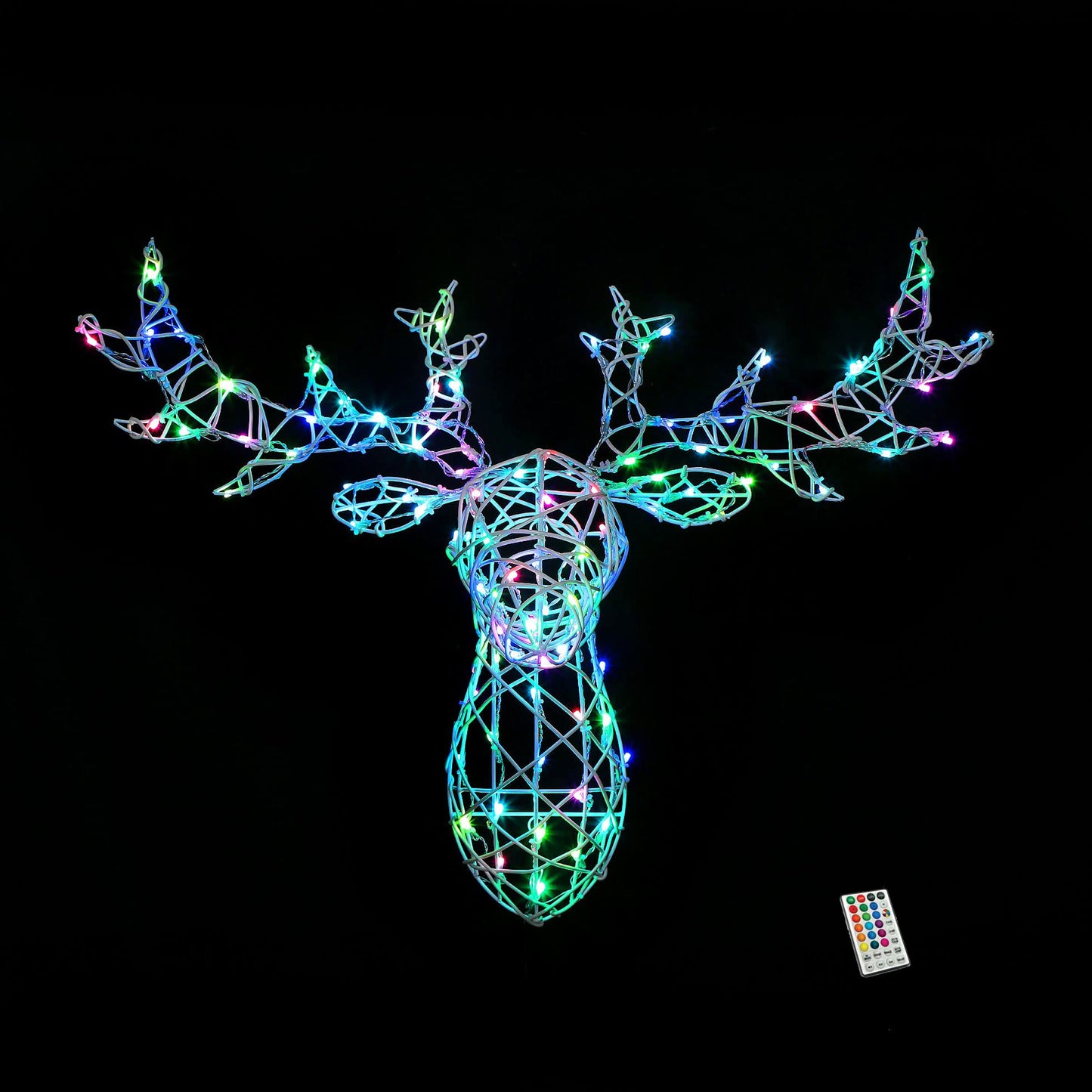 80CM COLOUR CHANGEABLE WHITE WICKER STAG HEAD WITH REMOTE-Height: 80cm , 100 colour-changeable LEDs, White Wire Frame, 10m Lead Cable, EasyTimer, Remote Included-UK PLUG