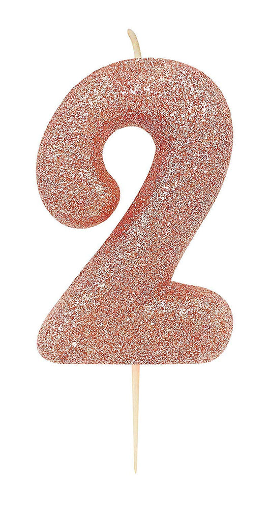 Age 2 Glitter Numeral Moulded Pick Candle Rose Gold