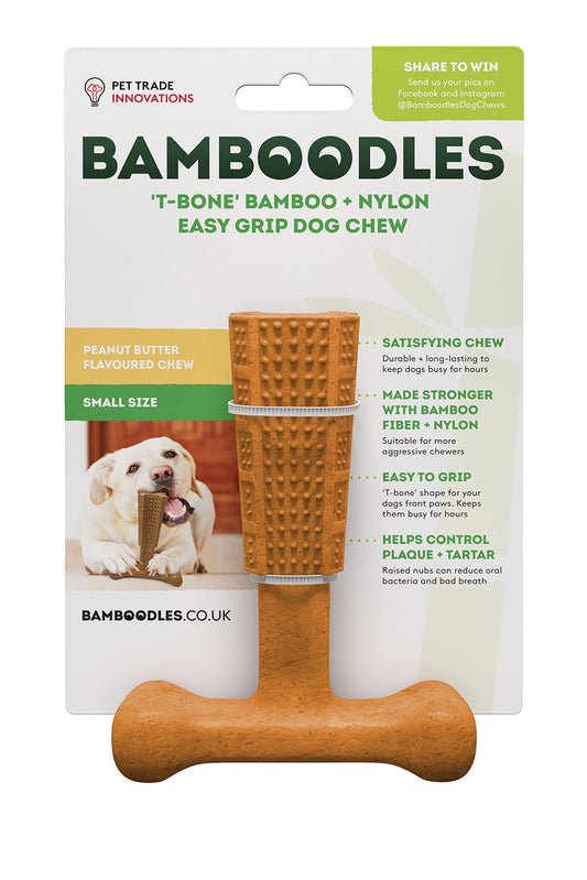 Bamboodles T-Bone Chew Toy for Dogs - Small 4" Peanut Butter Flavour