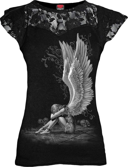 ENSLAVED ANGEL - Lace Layered Cap Sleeve Top Black - XXL