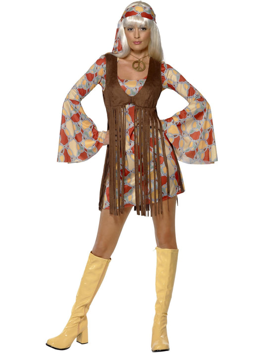 60s Groovy Baby, Patterned, with Dress & Fringe Waistcoat & Head Scarf (S)