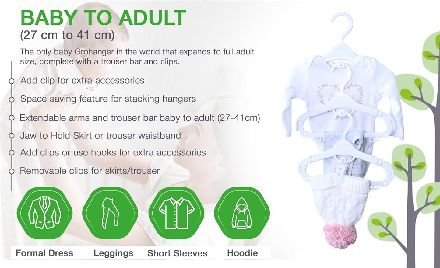 Grohanger 18 Extendable White Hangers Includes 6 Clips 26-41cm