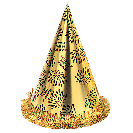 NEW YEAR CONE HAT W FRINGE GOLD