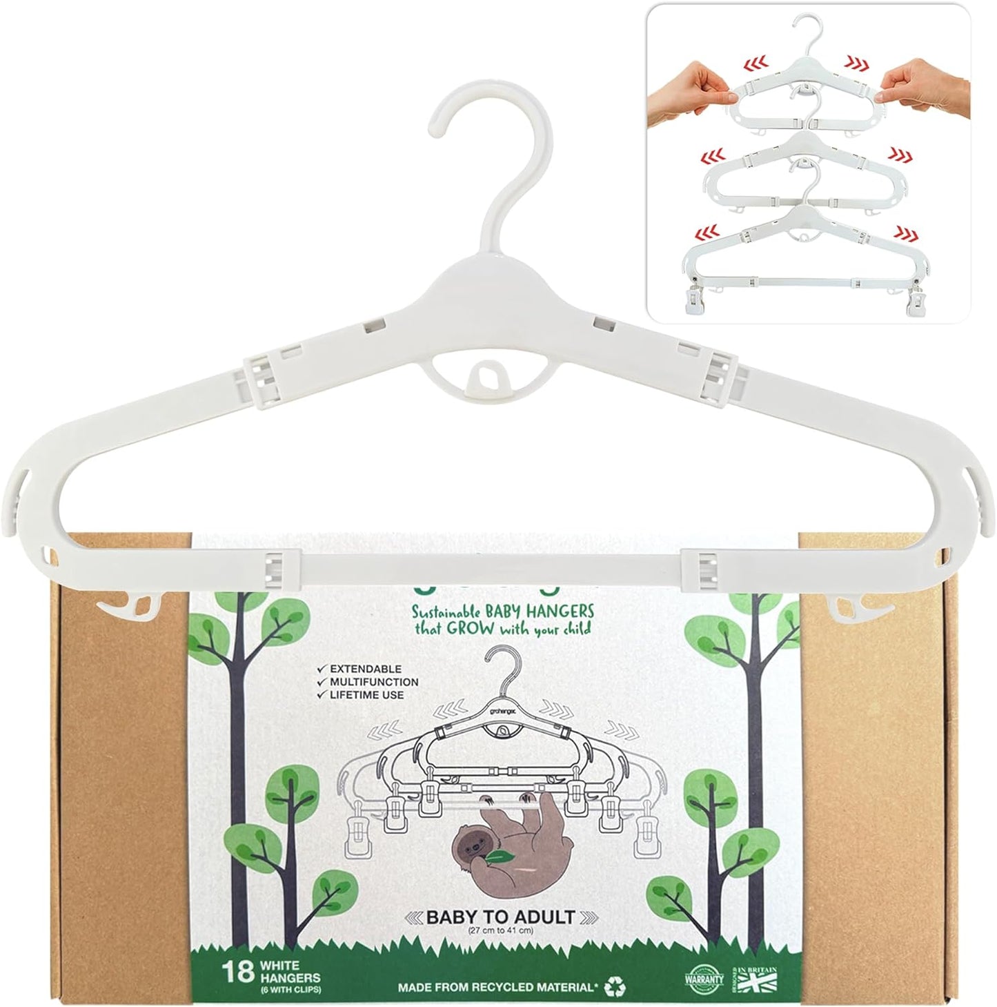 Grohanger 18 Extendable White Hangers Includes 6 Clips 26-41cm