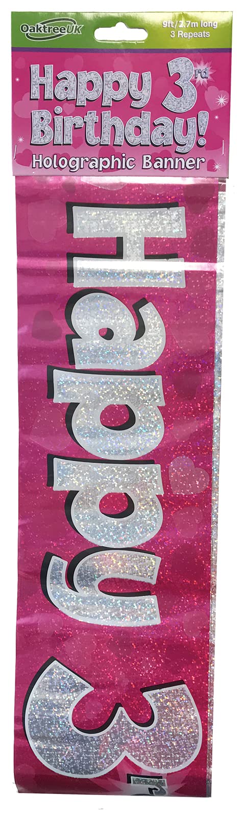 9ft Banner Happy 3rd Birthday Pink holographic