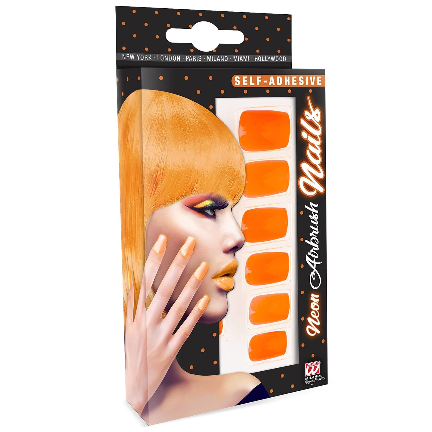 Set of "12 SELF-ADHESIVE NEON ORANGE AIRBRUSH NAILS" -