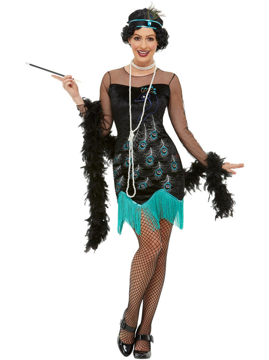 20s Peacock Flapper Costume, Green & Blue, with Dress & Headband (L)