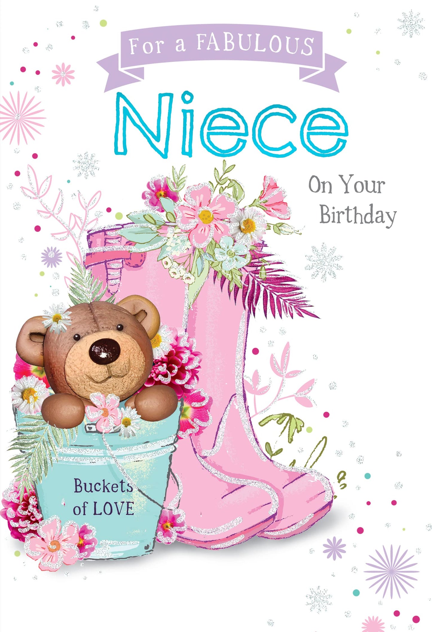 Into the Green Publishing 100% Plastic Free ECO Friendly, Modern Lovable Bear Niece Birthday Card, fluted Foil finish & ECO Glitter with envelope