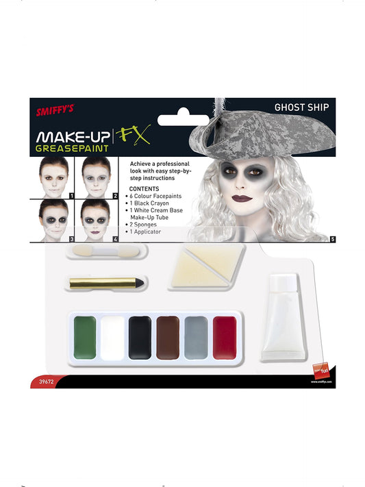 Smiffys Make-Up FX, Ghost Ship Kit, Grease, Black & White, 6 Colour Palette, Cream & Crayon & Applicators