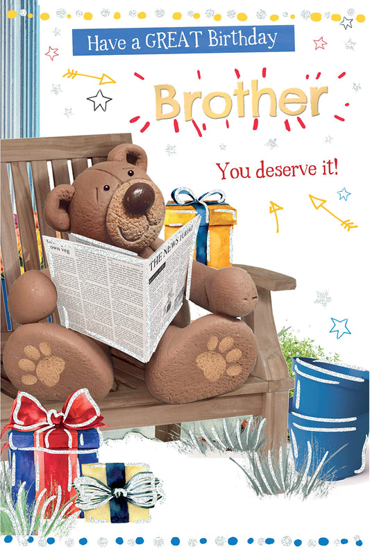 Into The Green Publishing 100% Plastic Free ECO Friendly, Modern Lovable Bear Brother Birthday Card, Fluted Foil finish & ECO Glitter with Envelope