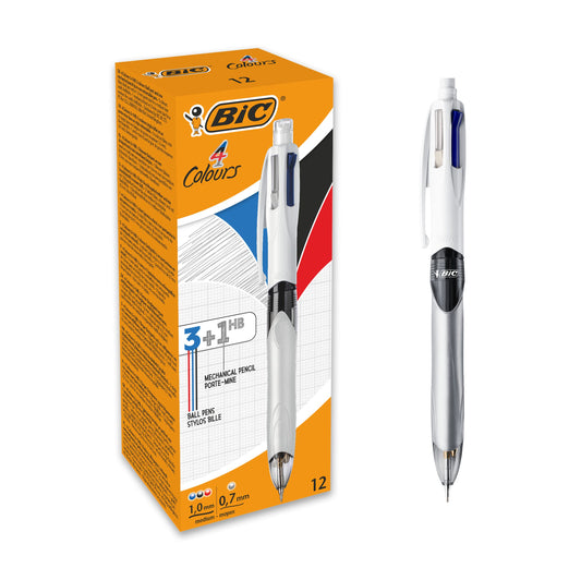 Bic 4 Colours Multifunction Ballpoint Pen and Pencil 1mm Tip 0.32mm Line and 0.7mm Lead Silver/White Barrel Black/Blue/Red/Pencil (Pack 12)