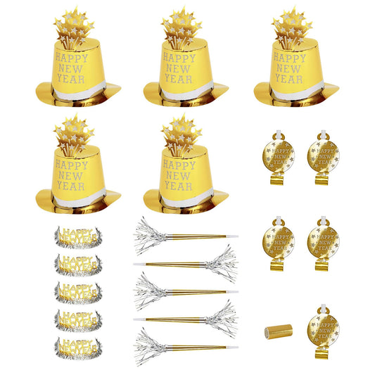 "GOLD HAPPY NEW YEAR PARTY KIT" for 10 persons (5 top hats, 5 crowns,5 sounding trumpets, 5 sounding blow-outs, 1 roll of 10 decorative streamers) -